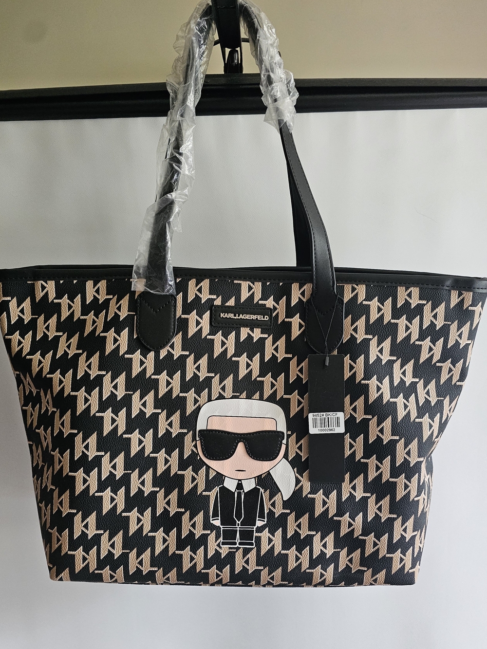 Karl Lagerfeld Black & Beige Monogram Tote with Karl Icon